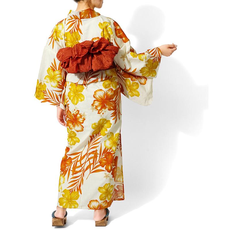 浴衣 ハイビスカス オレンジ オフ白 クリーム 花 レディース