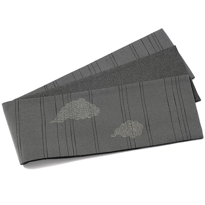 撫松庵 半幅帯 瑞雲刺繍 グレー 金糸 銀糸 縁起物 吉祥文様 日本製