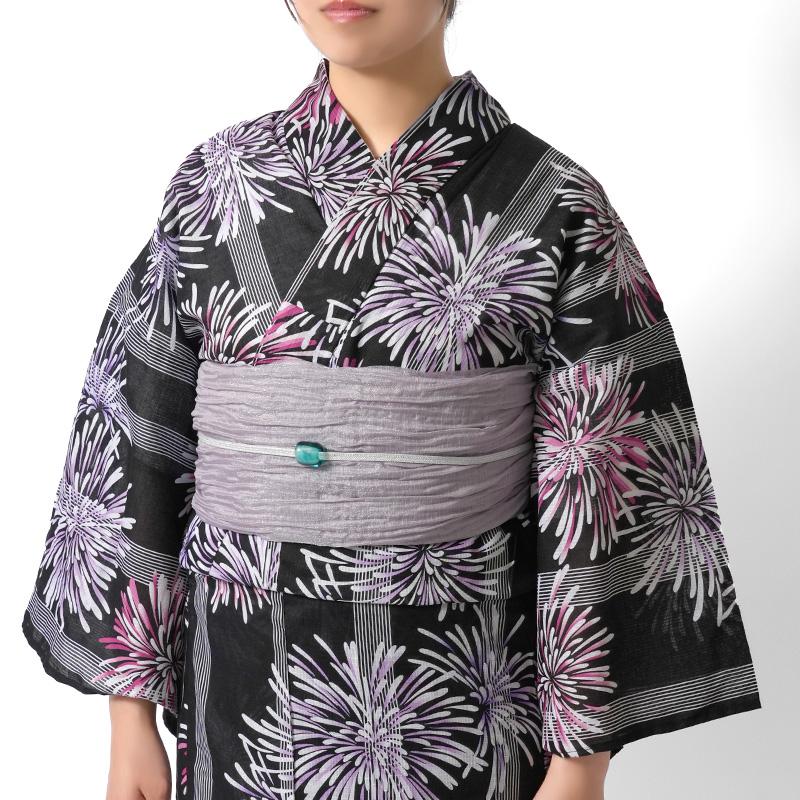 新品／未使用　ストライプ／縞 柄 浴衣 Fサイズ 綿100% 浴衣 縞に花火 綿紅梅 黒地 ストライプ レディース 10代 20代 30代 40