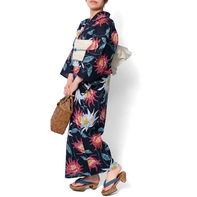 新品☆タグ付☆和風館☆綿浴衣☆黒と赤☆大きなひまわり☆28,000円 浴衣 手捺染 月下美人 紺地 赤 綿 陽炎 花 レディース 仕立上がり 清涼