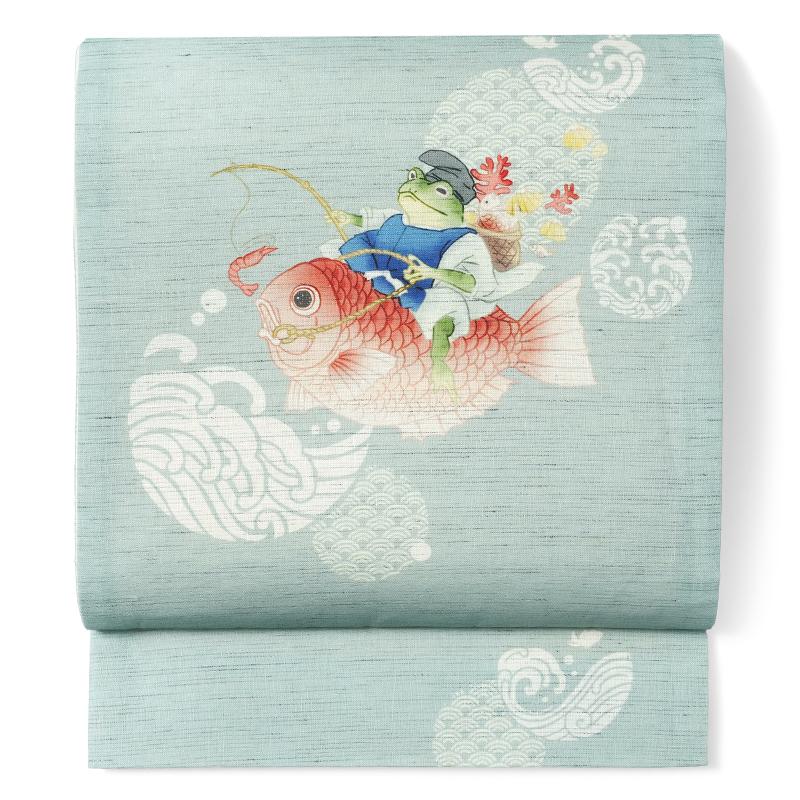 京袋帯 WAKKA 麻 青海吉日 カエル 鯛 青海波 海老 ライトブルー 水色