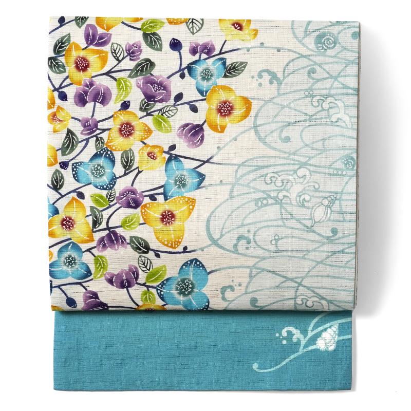 京袋帯 WAKKA 麻 ブーゲンビリア 花 波 海 生成 水色 カラフル 紅型風