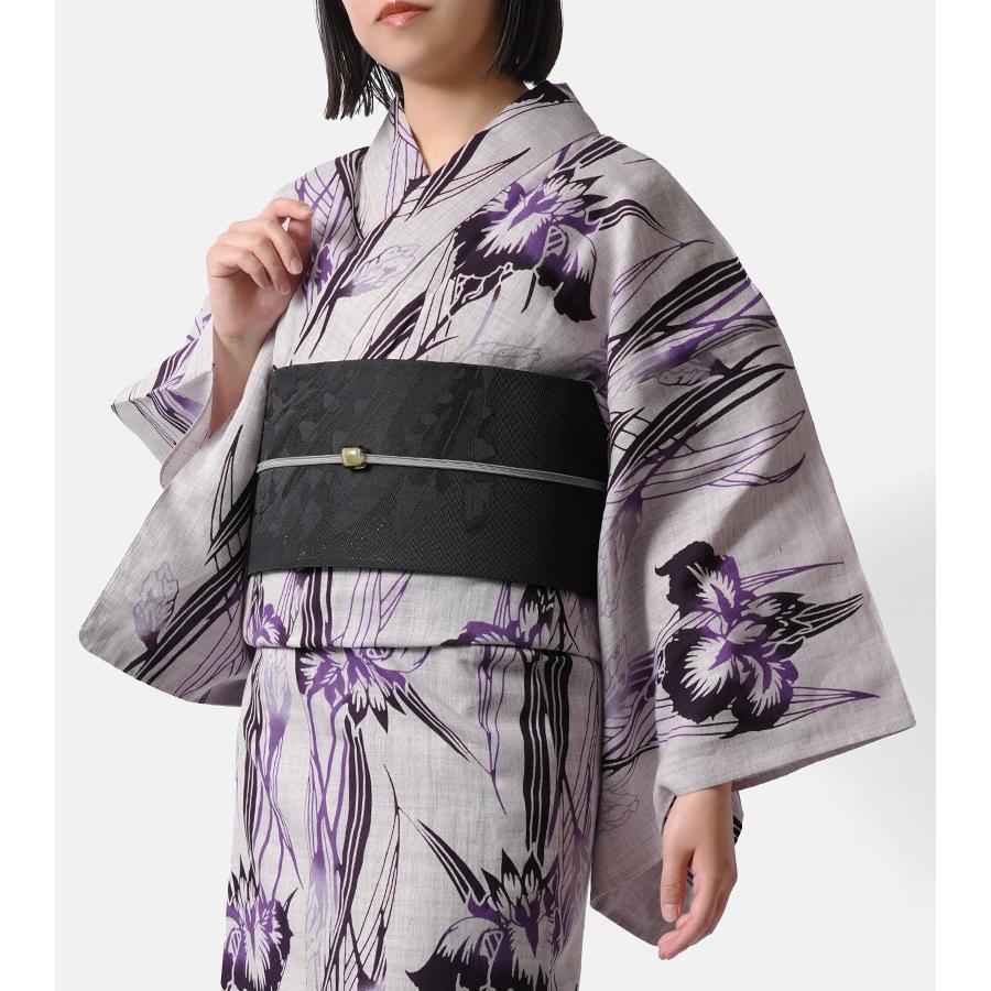 ◆最高級【綿麻浴衣】黒アヤメ菖蒲の品ある涼しゆかた◆着物としても着用可◆古典花柄 浴衣 注染 綿麻 薄紫に菖蒲 あやめ 古典柄 レディース 仕立上がり 単品
