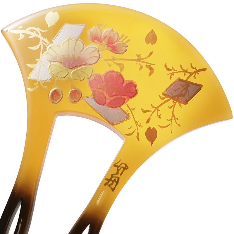 かんざし 桜 さくら 蒔絵風 べっ甲調 黄土 バチ型 フォーマル 髪飾り