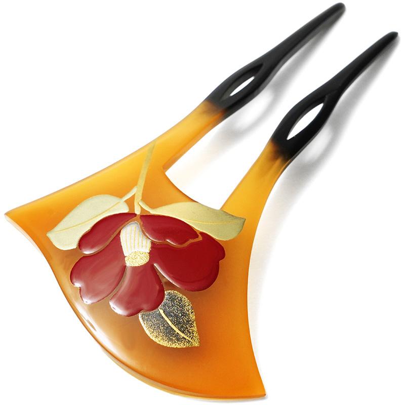 かんざし モダン椿 蒔絵風 べっ甲調 黄土 バチ型 フォーマル 髪飾り