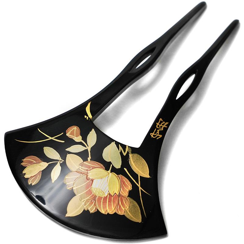 かんざし 椿 蒔絵風 黒 ピンク バチ型 フォーマル 結婚式 成人式 髪