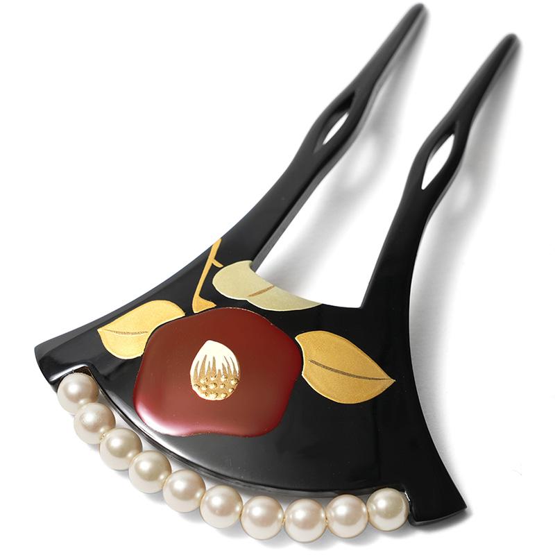 かんざし モダン椿 蒔絵風 パール 黒 赤 バチ型 フォーマル 結婚式