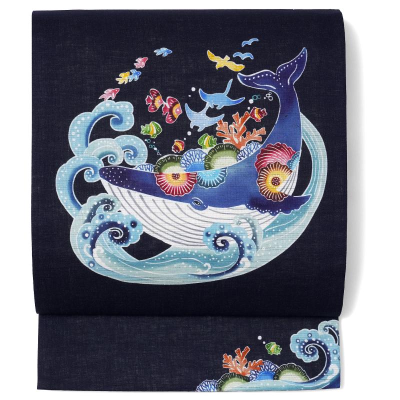 【未使用品】袋帯 睡蓮　部分刺繍　油絵のような繊細な織物　キラキラ水色　お太鼓柄 京袋帯 召しませ花 麻 くじら 海 珊瑚 魚 波 鳥 紺 水色 カラフル 紅型