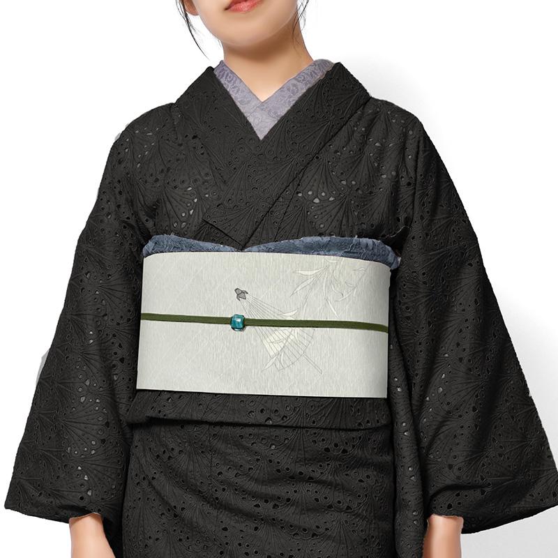 京袋帯 WAKKA 正絹 雨唄 傘 番傘 江戸 雨 グレー 赤 朱色 風流 ロマン