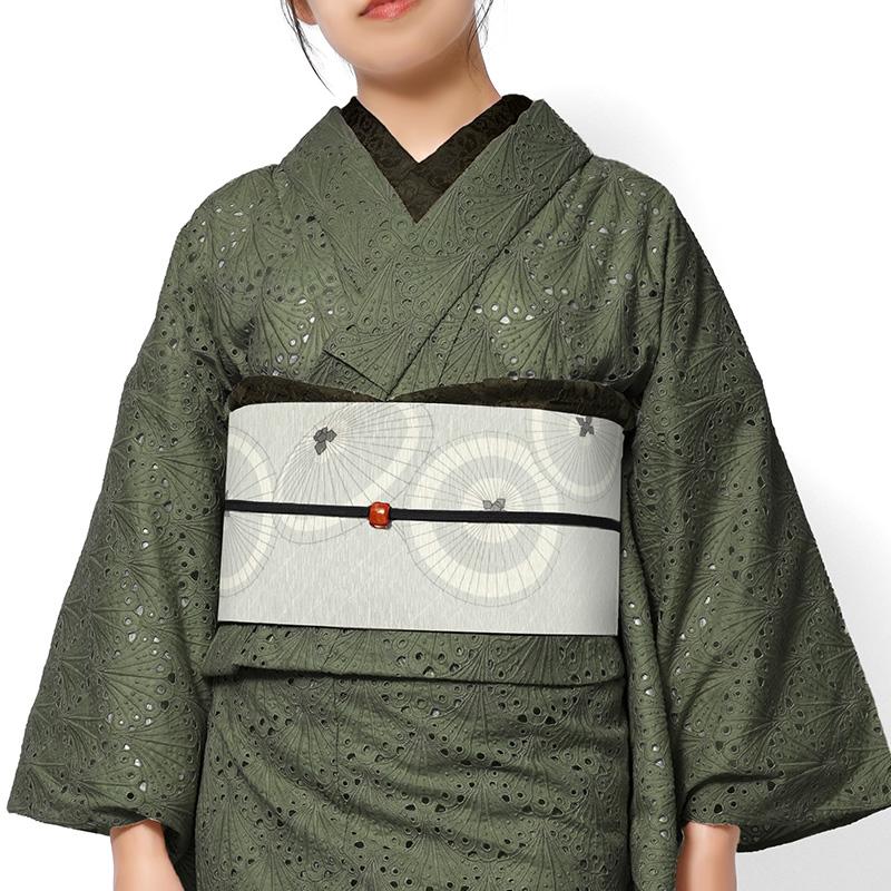 京袋帯 WAKKA 正絹 雨唄 傘 番傘 江戸 雨 グレー 赤 朱色 風流 ロマン