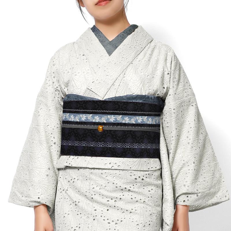 京袋帯 WAKKA 正絹 みやこ献上 花 献上柄 黒 藤色 オフ白 ネイビー