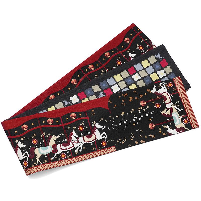 新品未使用【WAKKA】半巾帯　正絹　リバーシブル　日本製　メリーゴーランド　馬 半幅帯 WAKKA 回転木馬 メリーゴーランド 馬 花柄 黒 赤 カラフル