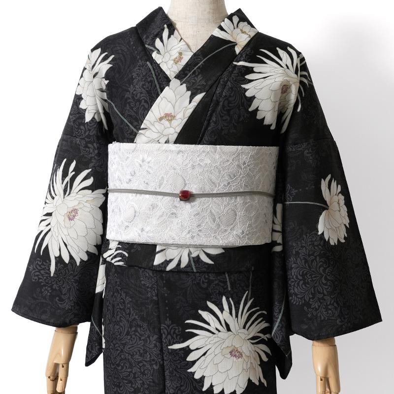 浴衣 アラベスクに月下美人 黒 白 花唐草 レース模様 レディース 上品