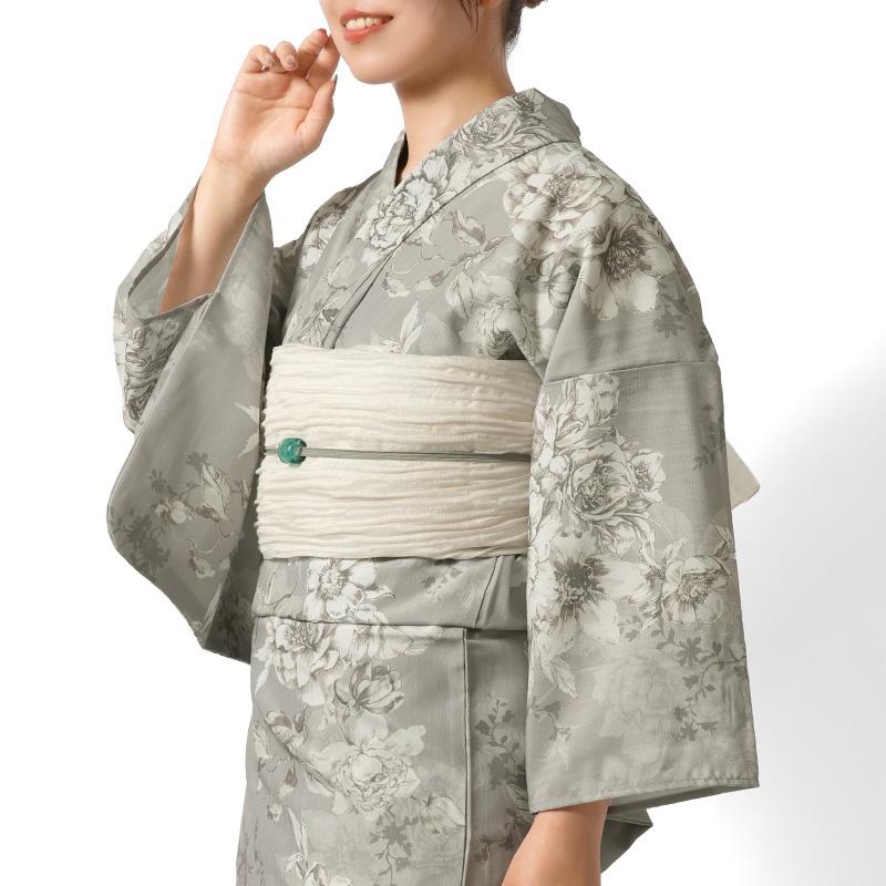 単衣小紋美品✨身丈肩157.5優しいグレーに可憐なボタニカル野花柄 浴衣 ボタニカルスケッチ グレージュ 花 ニュアンスカラー イージー