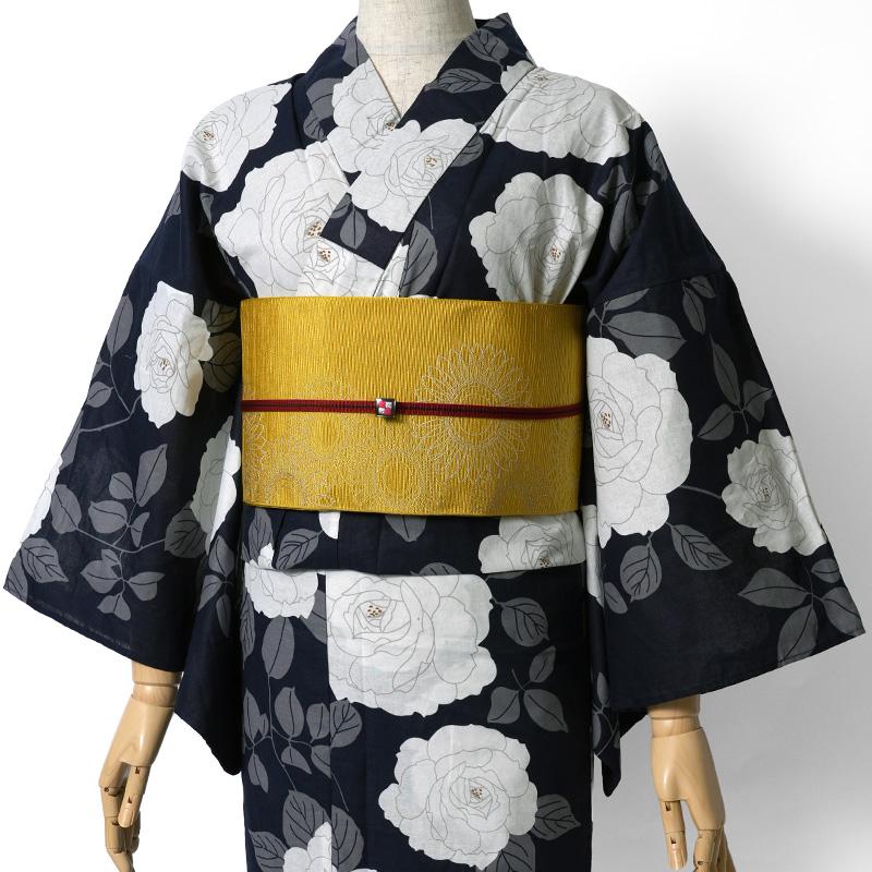 浴衣 ローズ 黒紺 ネイビー オフ白 クリーム 花 レディース モダン 綿
