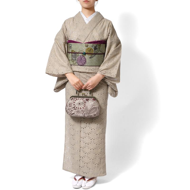 着物 刺繍 レース 扇型 ベージュ 単衣 洗える 仕立て上がり 日本製 女性用 レディース 30代 40代 50代 刺しゅう 日本製 春 秋の画像