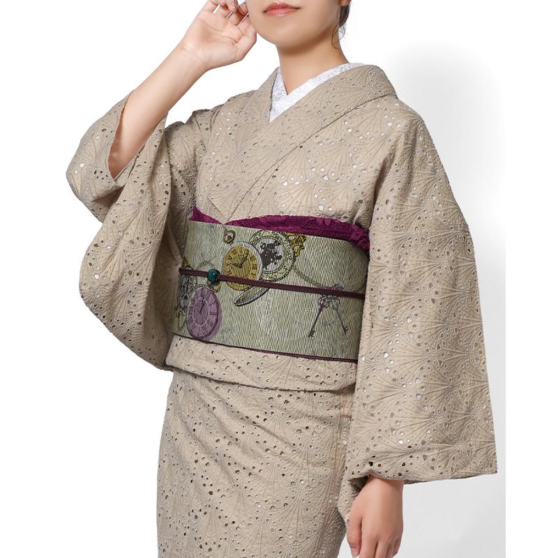 着物 刺繍 レース 扇型 ベージュ 単衣 洗える 仕立て上がり 日本製 女性用 レディース 30代 40代 50代 刺しゅう 日本製 春 秋の画像