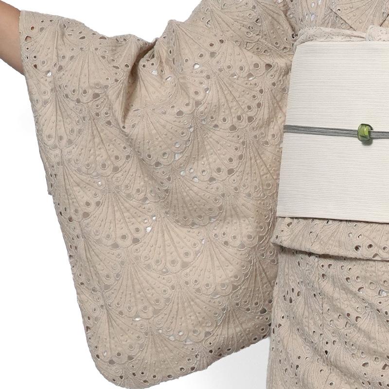 着物 刺繍 レース 扇型 ベージュ 単衣 洗える 仕立て上がり 日本製 女性用 レディース 30代 40代 50代 刺しゅう 日本製 春 秋の画像