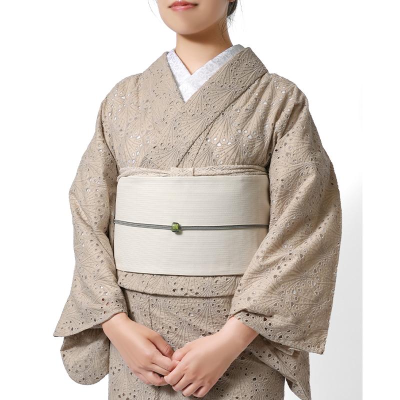 着物 刺繍 レース 扇型 ベージュ 単衣 洗える 仕立て上がり 日本製 女性用 レディース 30代 40代 50代 刺しゅう 日本製 春 秋の画像