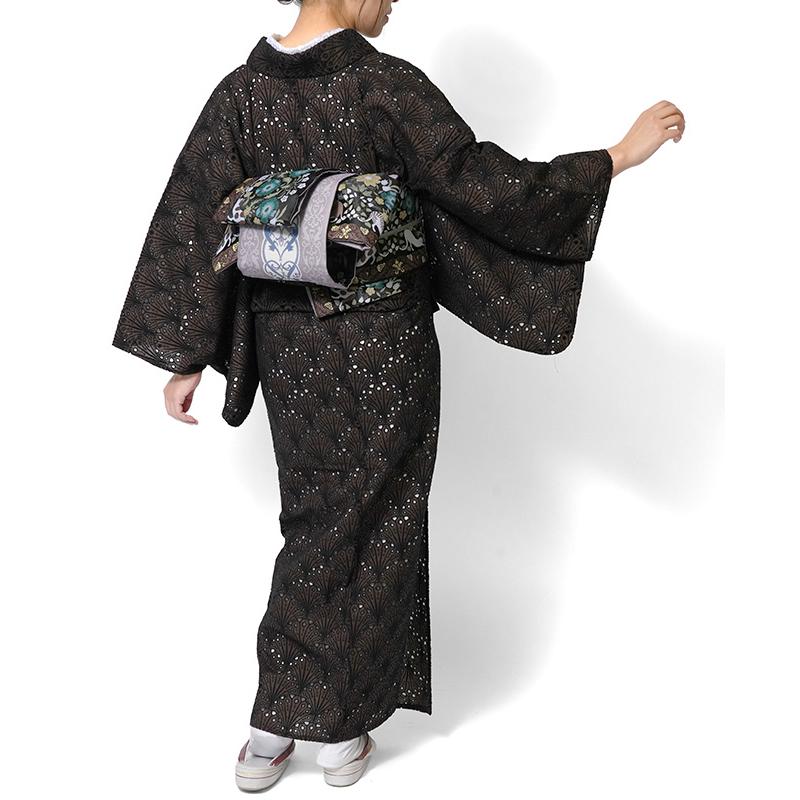 着物 刺繍 レース 扇型 ダークブラウン 単衣 洗える 仕立て上がり 日本製 女性用 レディース 30代 40代 50代 刺しゅう 日本製 春 秋の画像