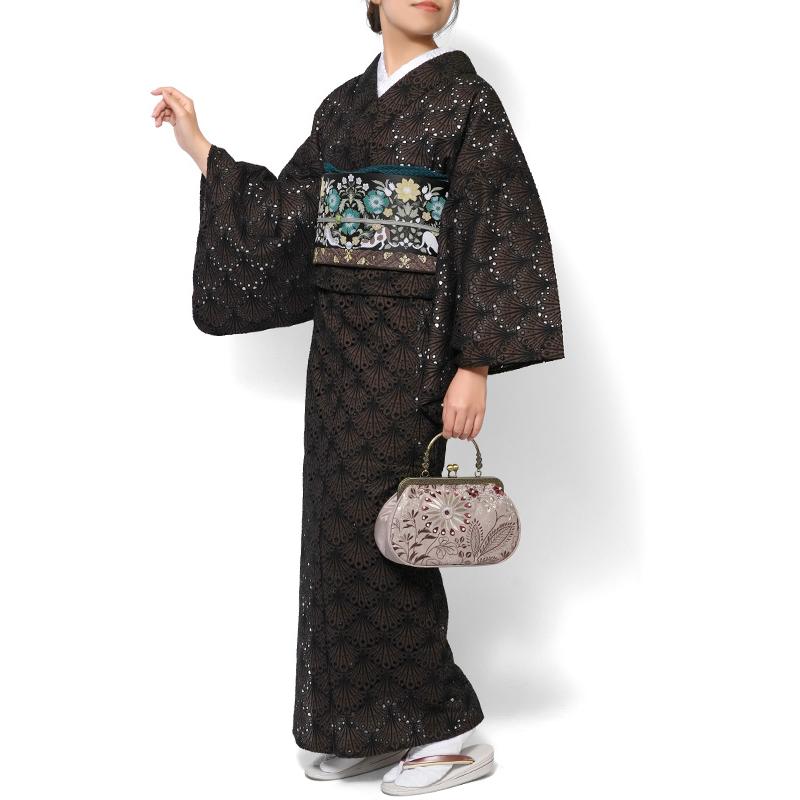 着物 刺繍 レース 扇型 ダークブラウン 単衣 洗える 仕立て上がり 日本製 女性用 レディース 30代 40代 50代 刺しゅう 日本製 春 秋の画像