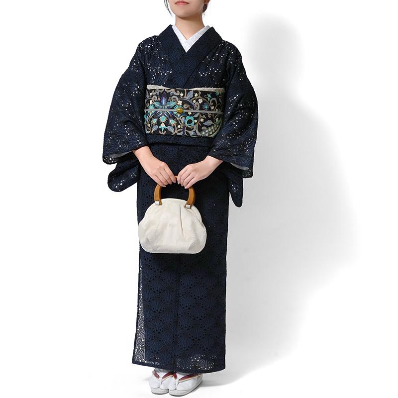 着物 刺繍 レース 扇型 ネイビー 紺 単衣 洗える 仕立て上がり 日本製 女性用 レディース 30代 40代 50代 刺しゅう 日本製 春 秋の画像