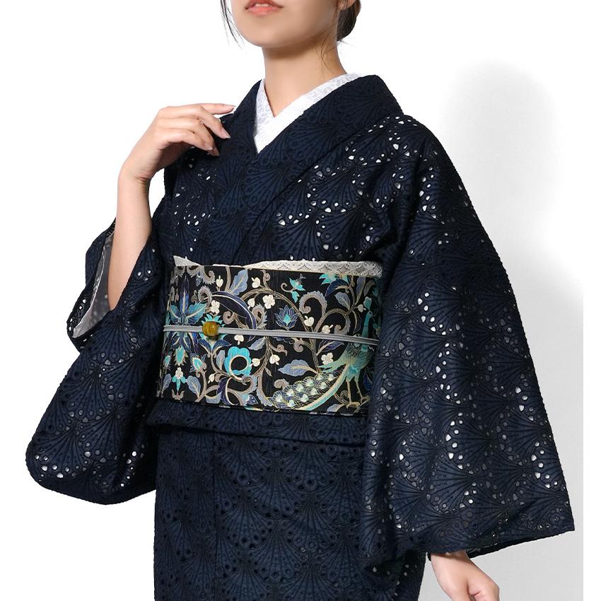 着物 刺繍 レース 扇型 ネイビー 紺 単衣 洗える 仕立て上がり 日本製 女性用 レディース 30代 40代 50代 刺しゅう 日本製 春 秋の画像