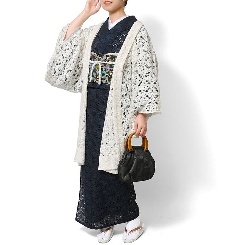 着物 刺繍 レース 扇型 ネイビー 紺 単衣 洗える 仕立て上がり 日本製 女性用 レディース 30代 40代 50代 刺しゅう 日本製 春 秋の画像