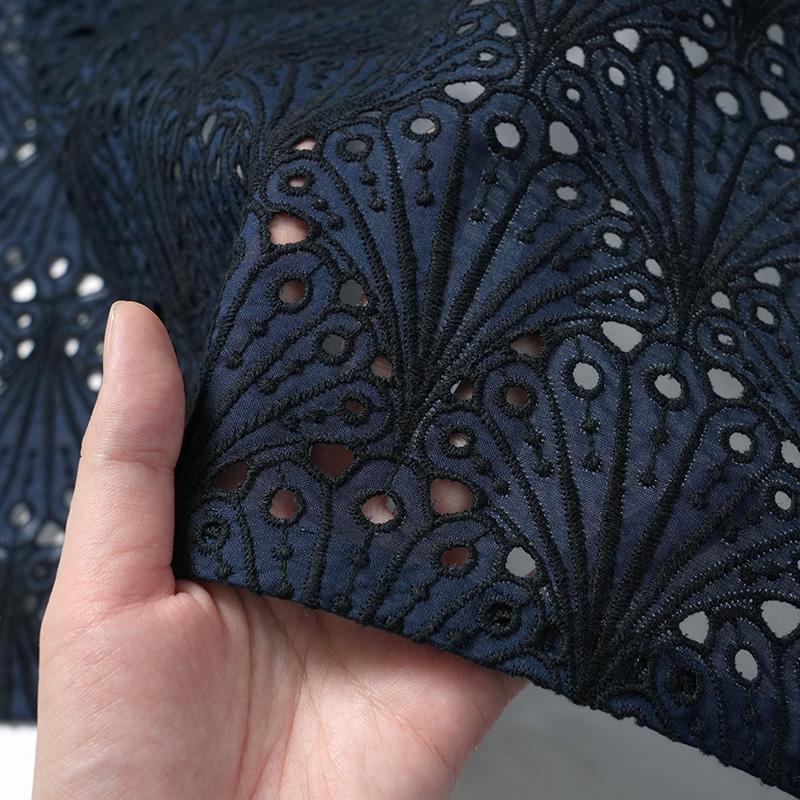 着物 刺繍 レース 扇型 ネイビー 紺 単衣 洗える 仕立て上がり 日本製 女性用 レディース 30代 40代 50代 刺しゅう 日本製 春 秋の画像