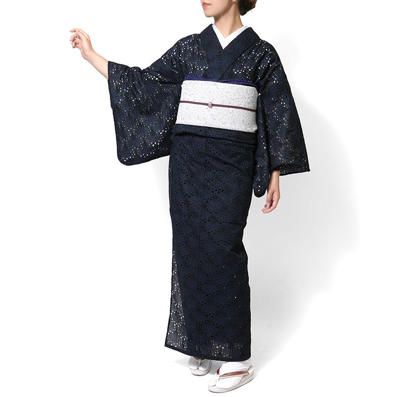 着物 刺繍 レース 扇型 ネイビー 紺 単衣 洗える 仕立て上がり 日本製 女性用 レディース 30代 40代 50代 刺しゅう 日本製 春 秋の画像