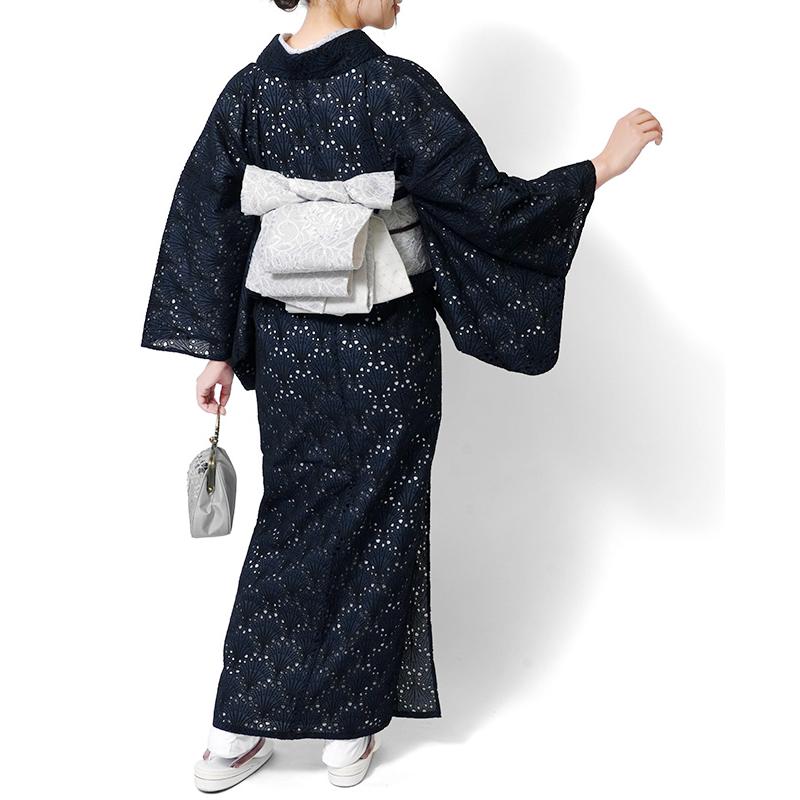 着物 刺繍 レース 扇型 ネイビー 紺 単衣 洗える 仕立て上がり 日本製 女性用 レディース 30代 40代 50代 刺しゅう 日本製 春 秋の画像