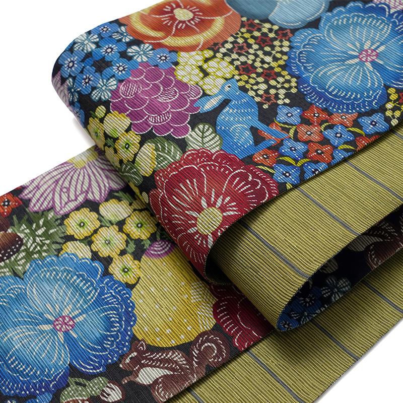半幅帯 召しませ花 カラフルガーデン 黒 黄緑 花 鳥 紅型風 日本製
