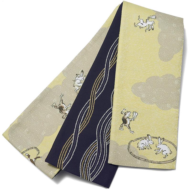 半幅帯 nico by wakka ツナ取り 黄色 鳥獣戯画 パロディ 猿 ウサギ