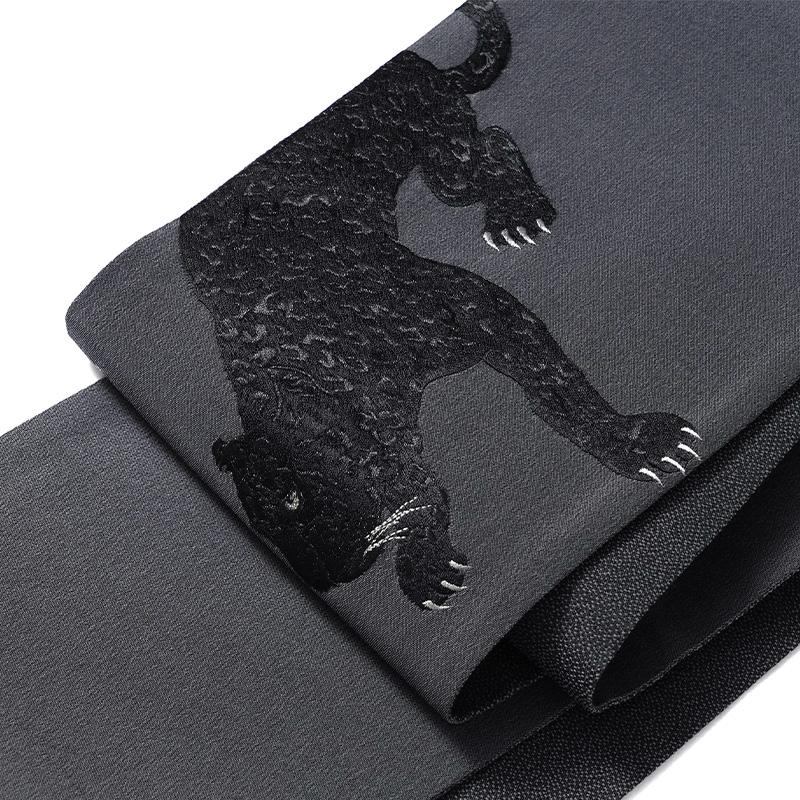 撫松庵 半幅帯 ヒョウ刺繍 豹 ブラック グレー ボルドー 刺しゅう