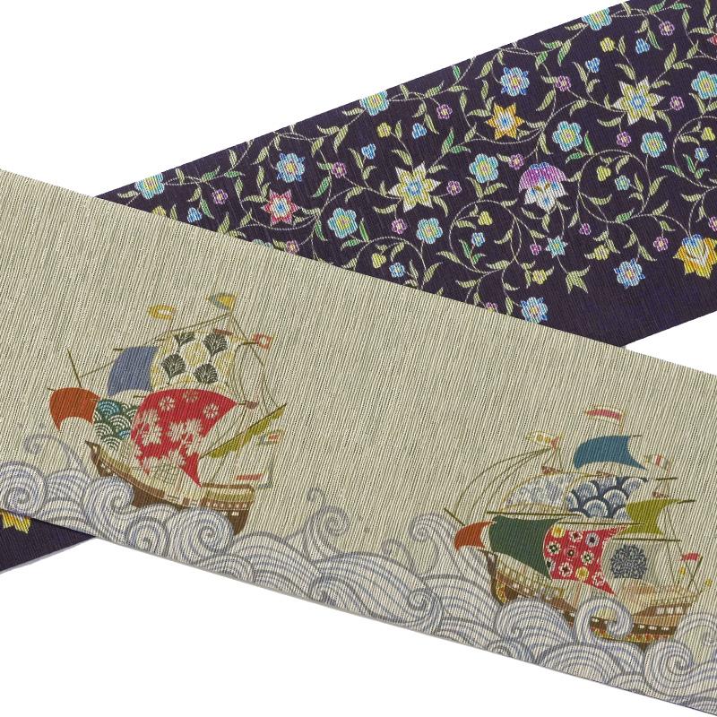 半幅帯 召しませ花 彩帆-いろは- ベージュ 花唐草 黒 紫 帆船 カラフル