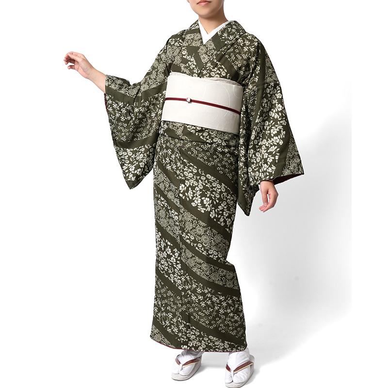 着物 袷 洗える カーキ 緑 小花 縞 シック モダン 仕立て上がり 単品