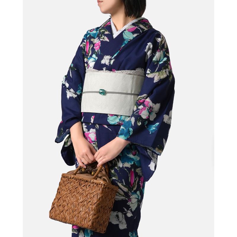 着物 セオアルファ 単衣 水彩フラワー 紺 ピンク 青 モダン 花柄