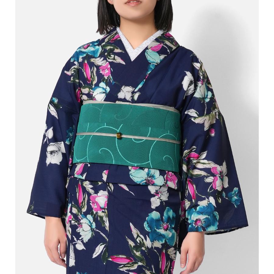 着物 セオアルファ 単衣 水彩フラワー 紺 ピンク 青 モダン 花柄