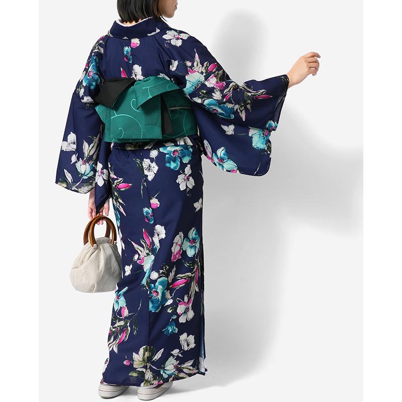 着物 セオアルファ 単衣 水彩フラワー 紺 ピンク 青 モダン 花柄