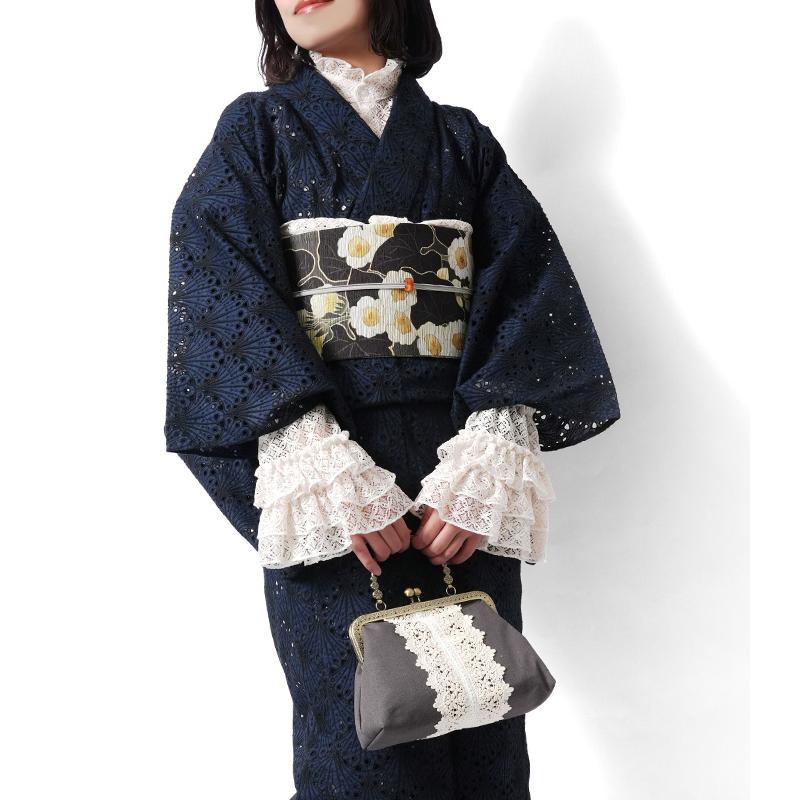着物 ショルダーバッグ がま口 ハンドメイド レトロ 浴衣 普段着 正絹 お洒落 2WAYバッグ がま口バッグ レース 浴衣 ショルダーバッグ グレージュ