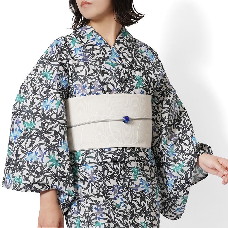 浴衣 紅型風 小鳥 笹藪 青 緑 古典柄 レディース 仕立上がり 単品