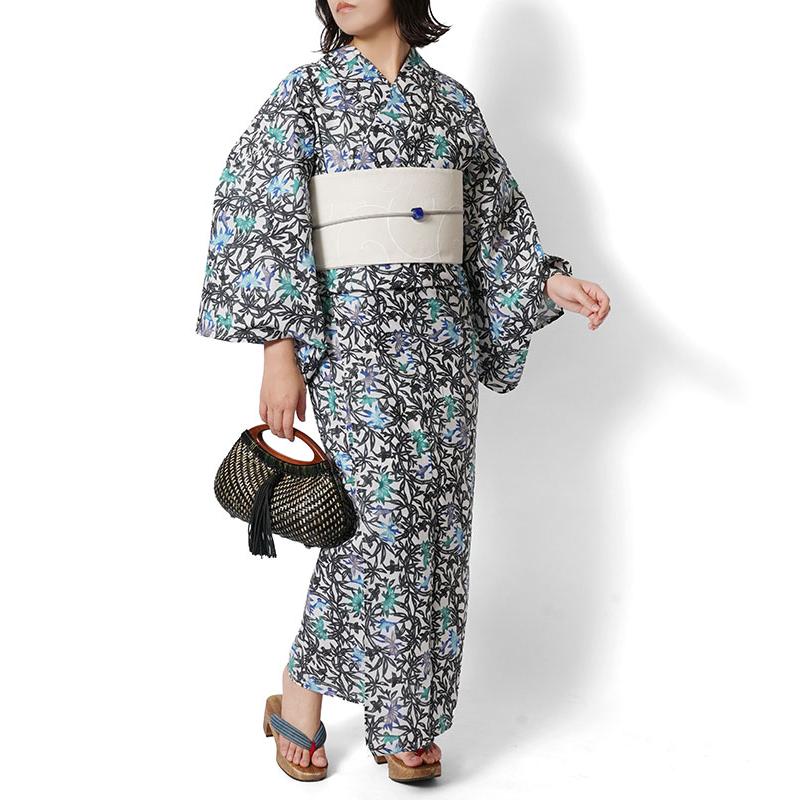 浴衣 紅型風 小鳥 笹藪 青 緑 古典柄 レディース 仕立上がり 単品 兵児帯 浴衣セット