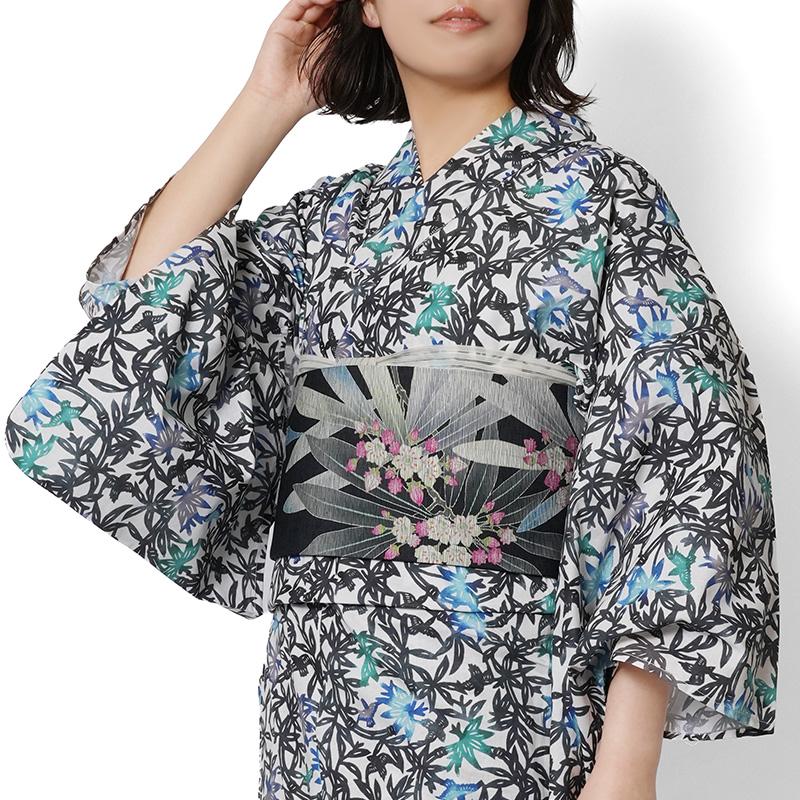 浴衣 紅型風 小鳥 笹藪 青 緑 古典柄 レディース 仕立上がり 単品 兵児帯 浴衣セット