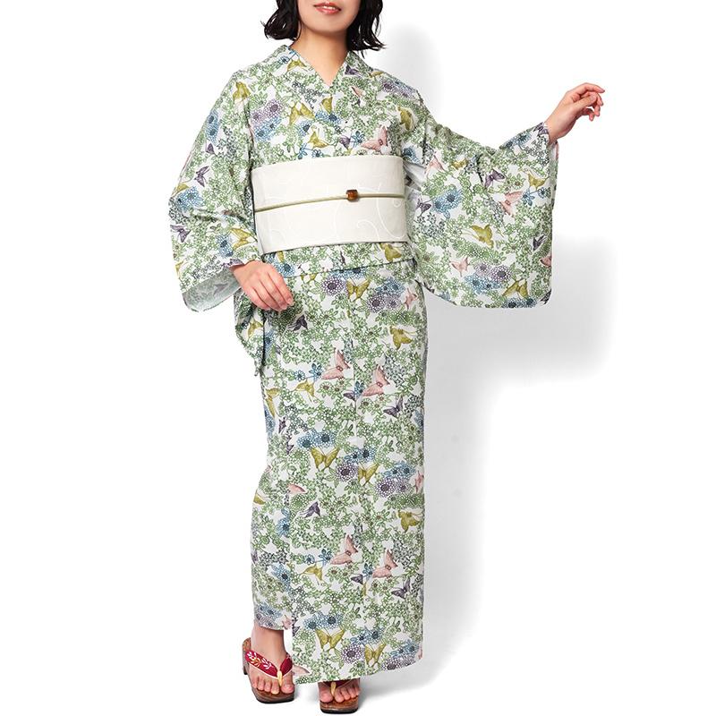 浴衣 紅型風 蝶 花 菊 梅 紅葉 緑 カラフル 古典柄 レディース 仕立