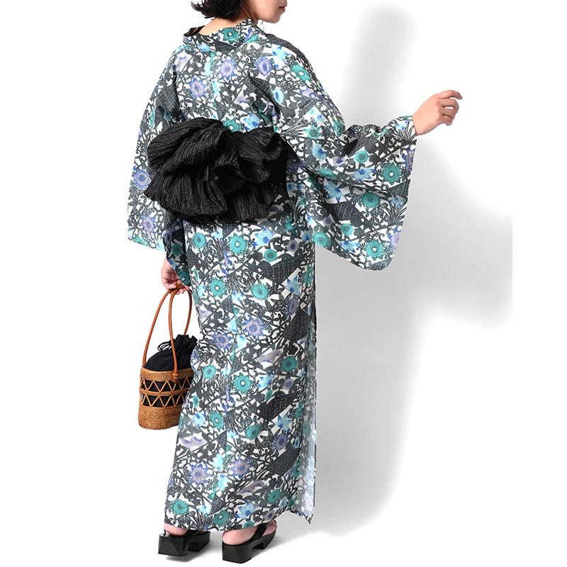 浴衣 紅型風 きれどり 花唐草 幾何学模様 黒 緑 青 紫 古典柄