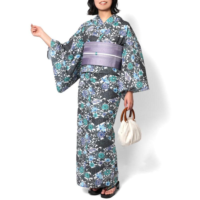 浴衣 紅型風 きれどり 花唐草 幾何学模様 黒 緑 青 紫 古典柄