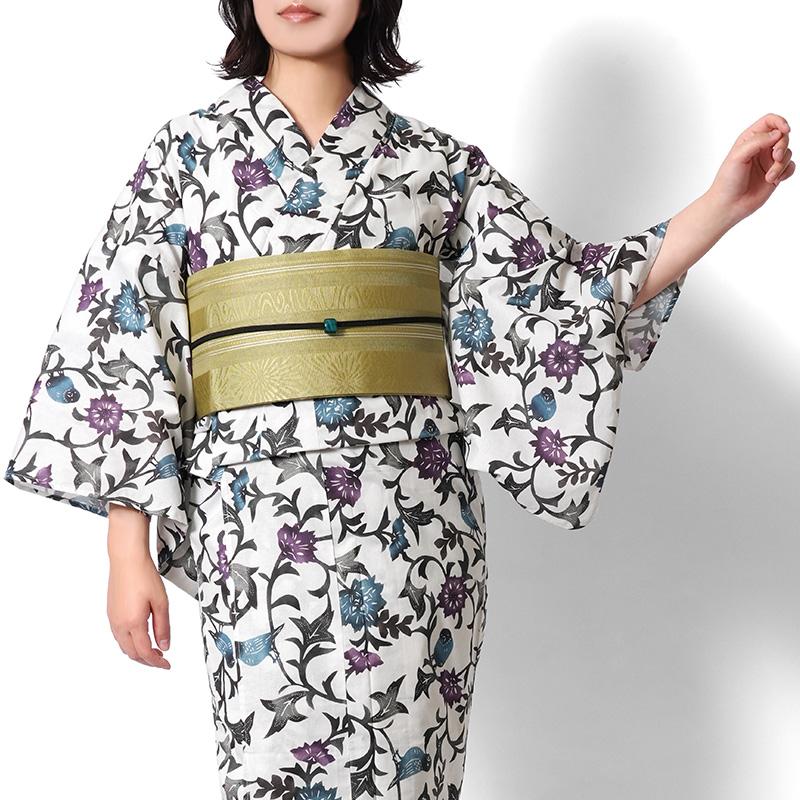 浴衣 紅型風 花唐草 小鳥 白 青 紫 古典柄 レディース 仕立上がり 単品