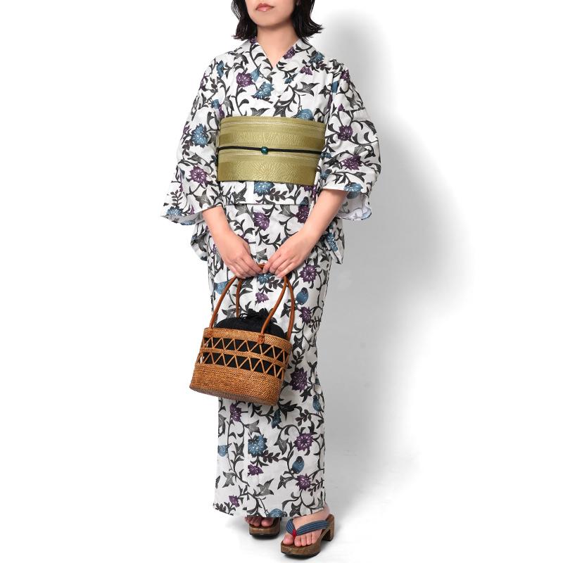 浴衣 紅型風 花唐草 小鳥 白 青 紫 古典柄 レディース 仕立上がり 単品