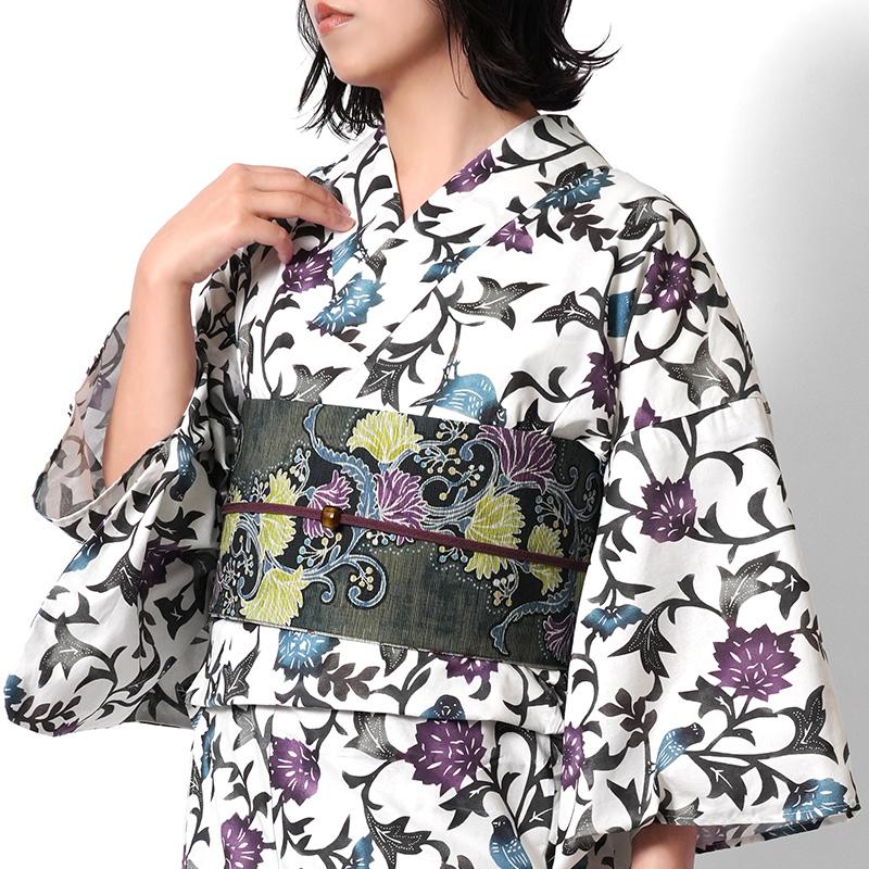 浴衣 紅型風 花唐草 小鳥 白 青 紫 古典柄 レディース 仕立上がり 単品