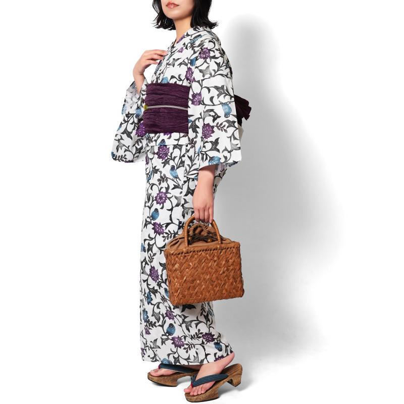 浴衣 紅型風 花唐草 小鳥 白 青 紫 古典柄 レディース 仕立上がり 単品